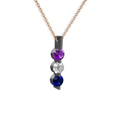 Trinity Taşlı Kolye - Ametist, swarovski ve lab safir 925 ayar siyah rodyum kaplama gümüş kolye (40 cm gümüş rolo zincir) #13w3jzp