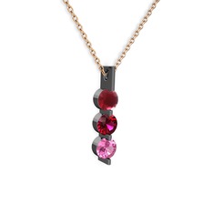 Trinity Taşlı Kolye - Kök yakut, rodolit garnet ve pembe kuvars 925 ayar siyah rodyum kaplama gümüş kolye (40 cm gümüş rolo zincir) #14bfm10