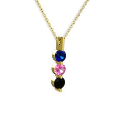 Lab safir, pembe kuvars ve siyah zirkon 925 ayar altın kaplama gümüş kolye (40 cm altın rolo zincir)