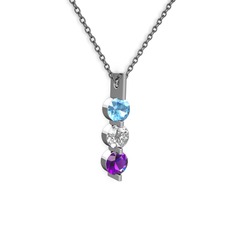 Akuamarin, swarovski ve ametist 14 ayar beyaz altın kolye (40 cm gümüş rolo zincir)