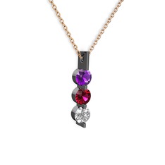 Ametist, rodolit garnet ve swarovski 925 ayar siyah rodyum kaplama gümüş kolye (40 cm rose altın rolo zincir)