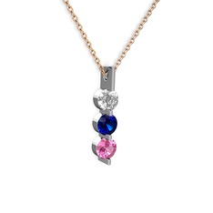 Trinity Taşlı Kolye - Swarovski, lab safir ve pembe kuvars 8 ayar beyaz altın kolye (40 cm rose altın rolo zincir) #156inof