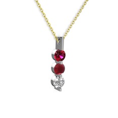 Rodolit garnet, kök yakut ve swarovski 8 ayar beyaz altın kolye (40 cm altın rolo zincir)