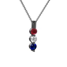 Trinity Taşlı Kolye - Kök yakut, swarovski ve lab safir 925 ayar siyah rodyum kaplama gümüş kolye (40 cm gümüş rolo zincir) #15scu63