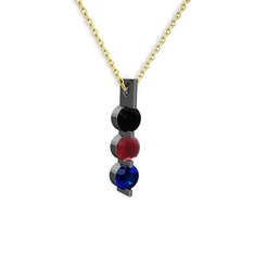 Trinity Taşlı Kolye - Siyah zirkon, kök yakut ve lab safir 925 ayar siyah rodyum kaplama gümüş kolye (40 cm gümüş rolo zincir) #15zaxtl