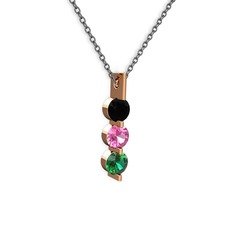 Siyah zirkon, pembe kuvars ve yeşil kuvars 925 ayar rose altın kaplama gümüş kolye (40 cm gümüş rolo zincir)