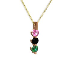 Trinity Taşlı Kolye - Pembe kuvars, siyah zirkon ve yeşil kuvars 8 ayar rose altın kolye (40 cm altın rolo zincir) #163br0n