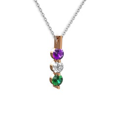 Ametist, swarovski ve yeşil kuvars 925 ayar rose altın kaplama gümüş kolye (40 cm gümüş rolo zincir)