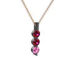Rodolit garnet ve pembe kuvars 925 ayar siyah rodyum kaplama gümüş kolye (40 cm rose altın rolo zincir)