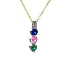 Lab safir, pembe kuvars ve yeşil kuvars 14 ayar beyaz altın kolye (40 cm gümüş rolo zincir)
