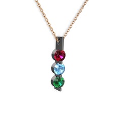 Trinity Taşlı Kolye - Rodolit garnet, akuamarin ve yeşil kuvars 925 ayar siyah rodyum kaplama gümüş kolye (40 cm gümüş rolo zincir) #17619ou