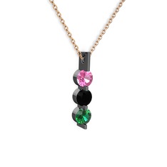 Trinity Taşlı Kolye - Pembe kuvars, siyah zirkon ve yeşil kuvars 925 ayar siyah rodyum kaplama gümüş kolye (40 cm rose altın rolo zincir) #17va0gi