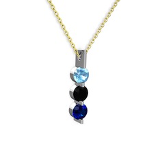 Akuamarin, siyah zirkon ve lab safir 14 ayar beyaz altın kolye (40 cm altın rolo zincir)