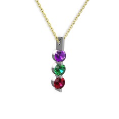 Ametist, yeşil kuvars ve rodolit garnet 8 ayar beyaz altın kolye (40 cm gümüş rolo zincir)