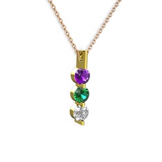 Ametist, yeşil kuvars ve swarovski 8 ayar altın kolye (40 cm gümüş rolo zincir)