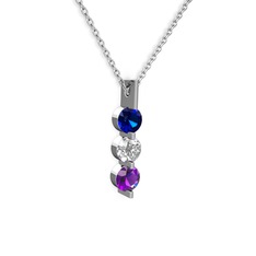 Lab safir, swarovski ve ametist 925 ayar gümüş kolye (40 cm beyaz altın rolo zincir)