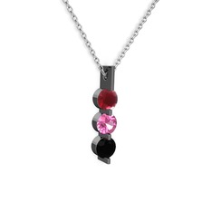 Trinity Taşlı Kolye - Kök yakut, pembe kuvars ve siyah zirkon 925 ayar siyah rodyum kaplama gümüş kolye (40 cm beyaz altın rolo zincir) #1a9h7lg