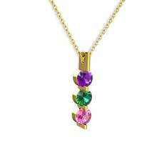 Trinity Taşlı Kolye - Ametist, yeşil kuvars ve pembe kuvars 8 ayar altın kolye (40 cm gümüş rolo zincir) #1arm2rk