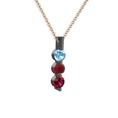 Trinity Taşlı Kolye - Akuamarin, kök yakut ve rodolit garnet 925 ayar siyah rodyum kaplama gümüş kolye (40 cm rose altın rolo zincir) #1avbovu