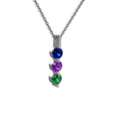 Trinity Taşlı Kolye - Lab safir, ametist ve yeşil kuvars 14 ayar beyaz altın kolye (40 cm gümüş rolo zincir) #1ayexip
