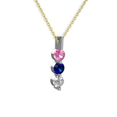 Pembe kuvars, lab safir ve swarovski 8 ayar beyaz altın kolye (40 cm altın rolo zincir)