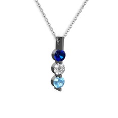 Trinity Taşlı Kolye - Lab safir, swarovski ve akuamarin 925 ayar siyah rodyum kaplama gümüş kolye (40 cm gümüş rolo zincir) #1bpl28q