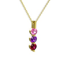 Pembe kuvars, ametist ve rodolit garnet 14 ayar altın kolye (40 cm gümüş rolo zincir)