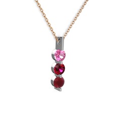 Pembe kuvars, rodolit garnet ve kök yakut 8 ayar beyaz altın kolye (40 cm gümüş rolo zincir)