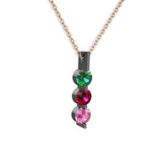 Yeşil kuvars, rodolit garnet ve pembe kuvars 925 ayar siyah rodyum kaplama gümüş kolye (40 cm rose altın rolo zincir)