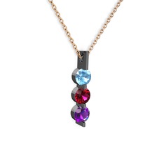 Akuamarin, rodolit garnet ve ametist 925 ayar siyah rodyum kaplama gümüş kolye (40 cm rose altın rolo zincir)