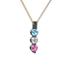 Akuamarin, swarovski ve pembe kuvars 925 ayar siyah rodyum kaplama gümüş kolye (40 cm rose altın rolo zincir)