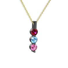 Trinity Taşlı Kolye - Rodolit garnet, akuamarin ve pembe kuvars 925 ayar siyah rodyum kaplama gümüş kolye (40 cm altın rolo zincir) #1fmradg