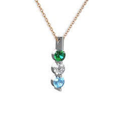 Trinity Taşlı Kolye - Yeşil kuvars, swarovski ve akuamarin 14 ayar beyaz altın kolye (40 cm rose altın rolo zincir) #1giy22b