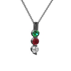 Trinity Taşlı Kolye - Yeşil kuvars, kök yakut ve swarovski 925 ayar siyah rodyum kaplama gümüş kolye (40 cm gümüş rolo zincir) #1gynwo8