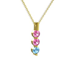 Pembe kuvars ve akuamarin 925 ayar altın kaplama gümüş kolye (40 cm altın rolo zincir)
