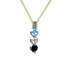Trinity Taşlı Kolye - Akuamarin, swarovski ve siyah zirkon 14 ayar beyaz altın kolye (40 cm altın rolo zincir) #1hgdy7i