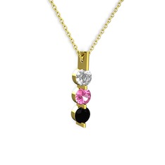 Trinity Taşlı Kolye - Swarovski, pembe kuvars ve siyah zirkon 14 ayar altın kolye (40 cm altın rolo zincir) #1hrhdwr