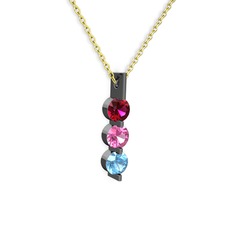 Trinity Taşlı Kolye - Rodolit garnet, pembe kuvars ve akuamarin 925 ayar siyah rodyum kaplama gümüş kolye (40 cm altın rolo zincir) #1hvyeab