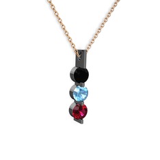 Siyah zirkon, akuamarin ve rodolit garnet 925 ayar siyah rodyum kaplama gümüş kolye (40 cm rose altın rolo zincir)