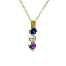 Trinity Taşlı Kolye - Lab safir, swarovski ve ametist 925 ayar altın kaplama gümüş kolye (40 cm gümüş rolo zincir) #1ie32f6