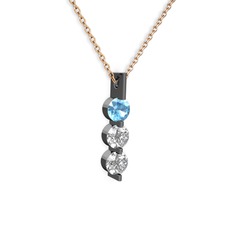 Akuamarin ve swarovski 925 ayar siyah rodyum kaplama gümüş kolye (40 cm rose altın rolo zincir)