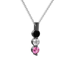 Trinity Taşlı Kolye - Siyah zirkon, swarovski ve pembe kuvars 925 ayar siyah rodyum kaplama gümüş kolye (40 cm beyaz altın rolo zincir) #1jluqli