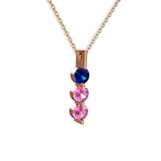 Lab safir ve pembe kuvars 8 ayar rose altın kolye (40 cm rose altın rolo zincir)