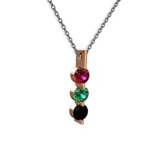 Rodolit garnet, yeşil kuvars ve siyah zirkon 925 ayar rose altın kaplama gümüş kolye (40 cm gümüş rolo zincir)
