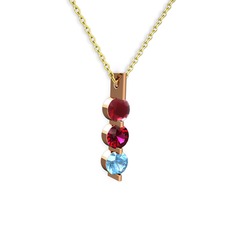 Kök yakut, rodolit garnet ve akuamarin 8 ayar rose altın kolye (40 cm altın rolo zincir)