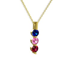 Trinity Taşlı Kolye - Lab safir, pembe kuvars ve rodolit garnet 8 ayar altın kolye (40 cm altın rolo zincir) #1kxrsyz