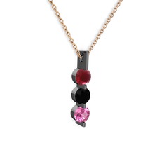 Kök yakut, siyah zirkon ve pembe kuvars 925 ayar siyah rodyum kaplama gümüş kolye (40 cm rose altın rolo zincir)