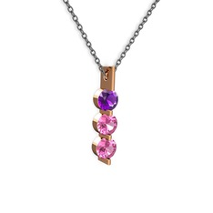 Ametist ve pembe kuvars 925 ayar rose altın kaplama gümüş kolye (40 cm gümüş rolo zincir)