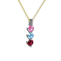 Pembe kuvars, akuamarin ve rodolit garnet 14 ayar beyaz altın kolye (40 cm altın rolo zincir)