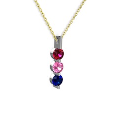 Rodolit garnet, pembe kuvars ve lab safir 8 ayar beyaz altın kolye (40 cm altın rolo zincir)